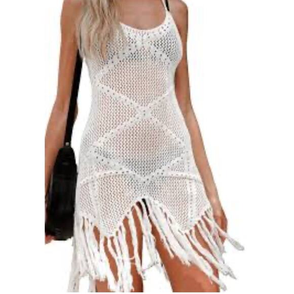 Endless Blu White Crochet Fringe Cover Up Boho Festival Beach Dress Size L - Picture 1 of 10